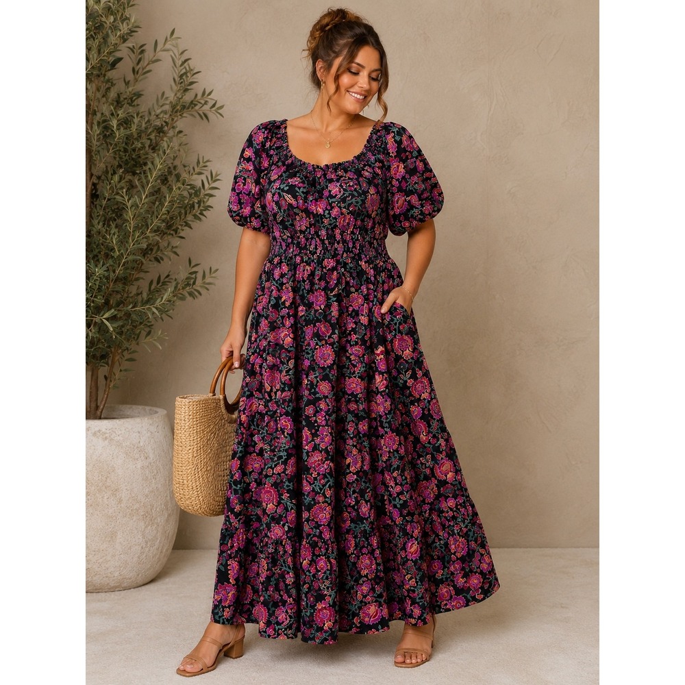 Knox Rose Floral Paisley Smocked Maxi Dress Boho Puff Sleeve Womens XXL